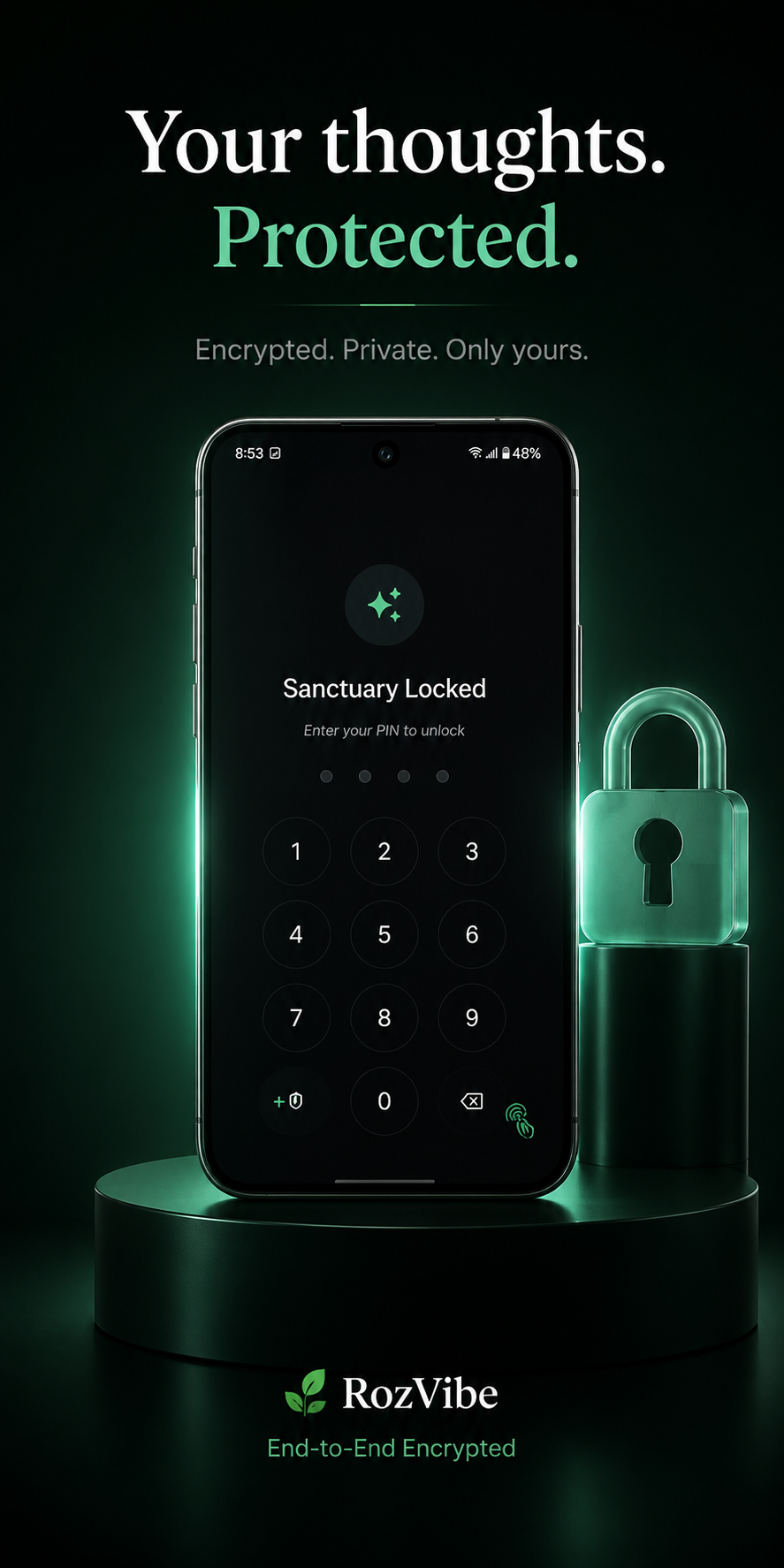 RozVibe app home screen showing private encrypted entries