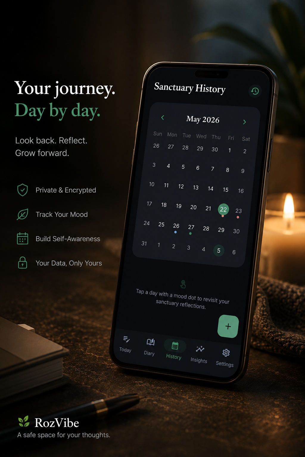 RozVibe daily reflection prompts and writing interface