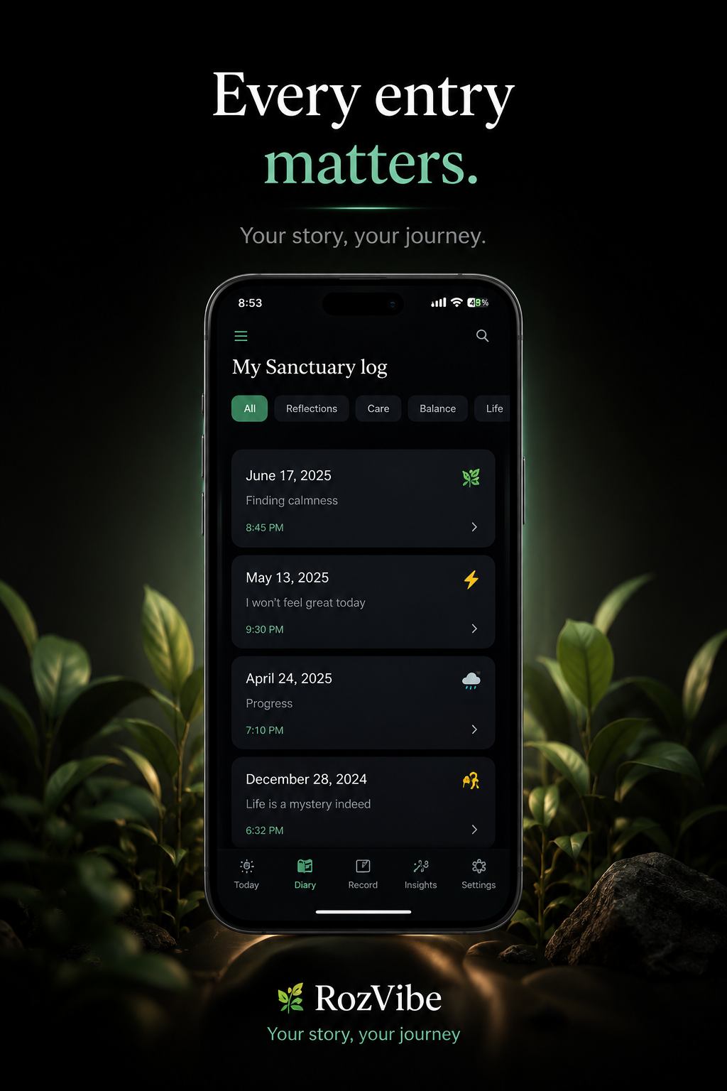 RozVibe secure PIN lock screen and privacy settings